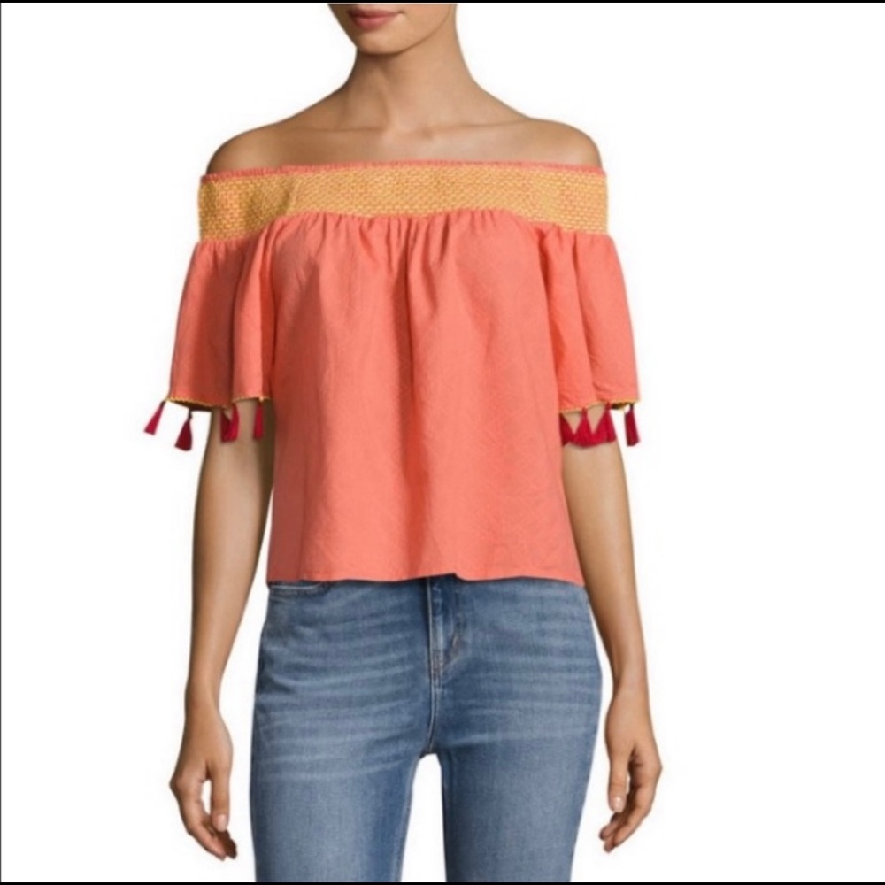 NWOT Banjanan coral off the shoulder top with red tassels